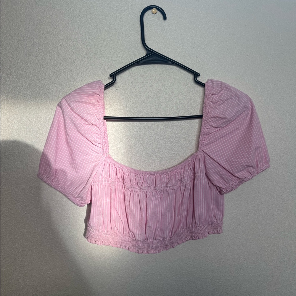 Zara Pink Puff Sleeve Ruched Crop Blouse